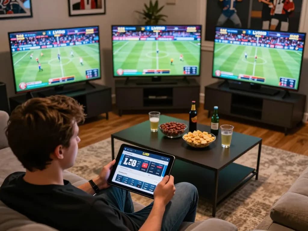 Engaged player using LV88 app for sports betting in a cozy home setup.