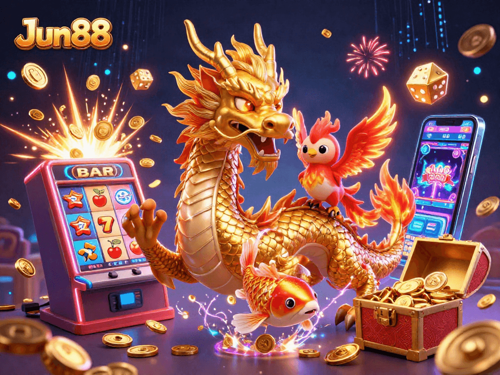 Gameplay at Jun88 casino with a dragon, phoenix, and koi fish amidst vibrant slot and jackpot symbols.