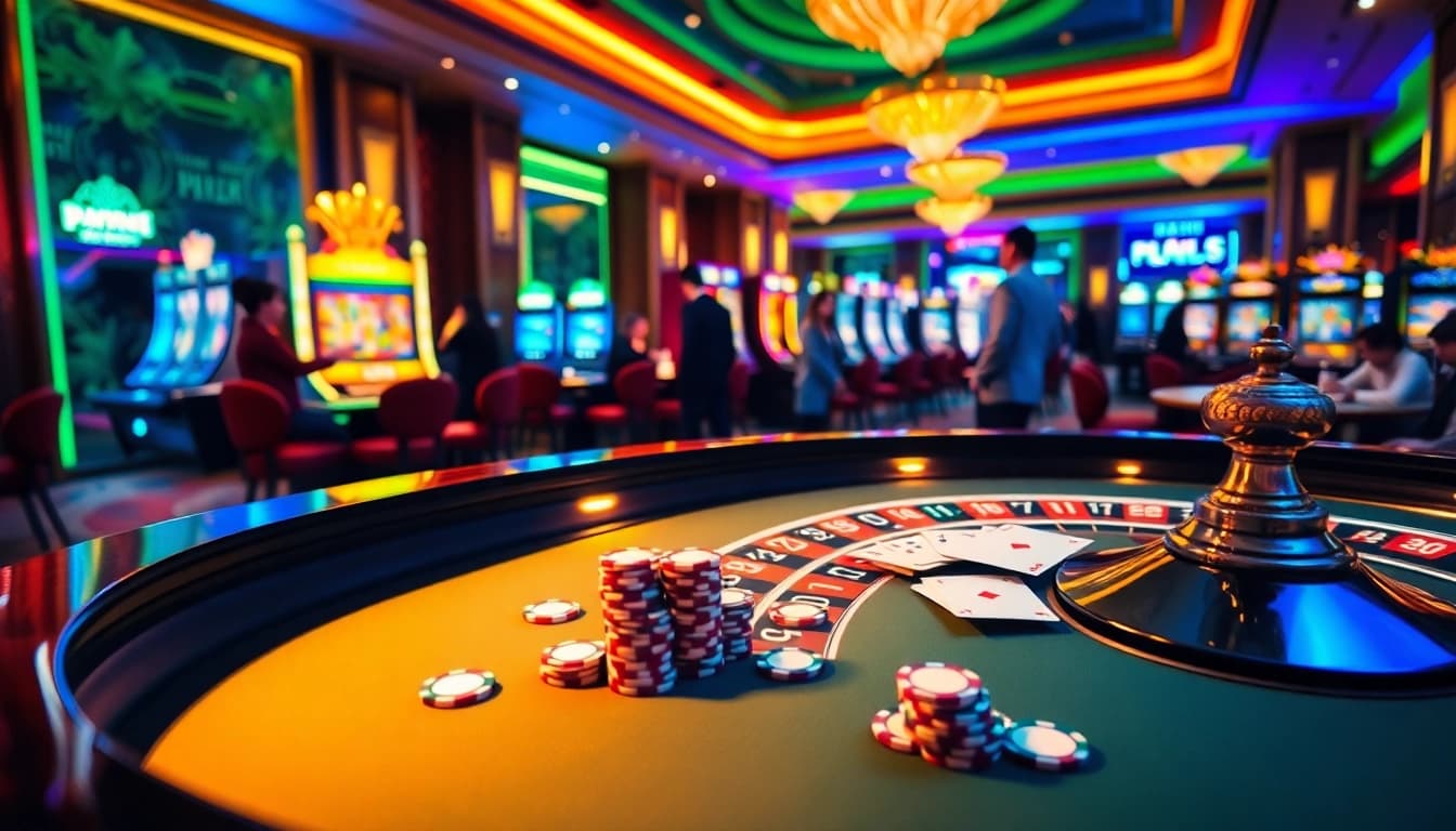 Action-packed scene at nhà cái XX88 showcasing casino excitement with poker chips and a roulette table.