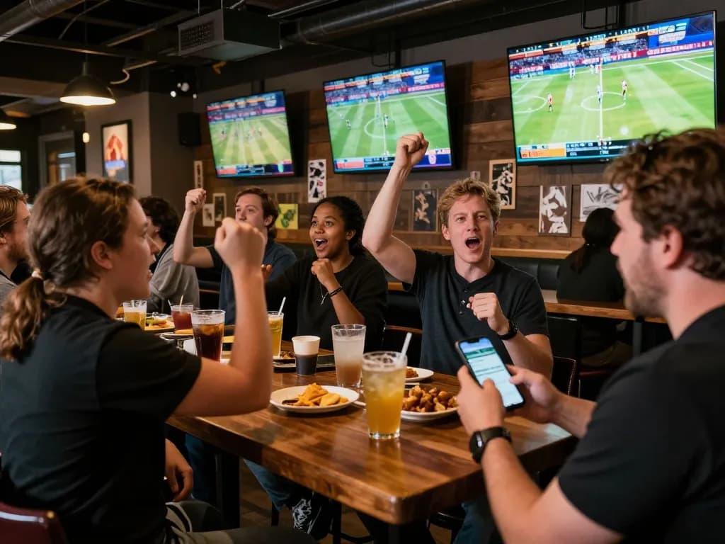 keobongda enthusiasts cheering while placing sports bets at a lively sports bar