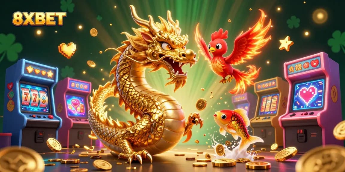 Experience thrilling gameplay with 8XBET in a dynamic casino scene featuring a golden dragon and vibrant game elements.