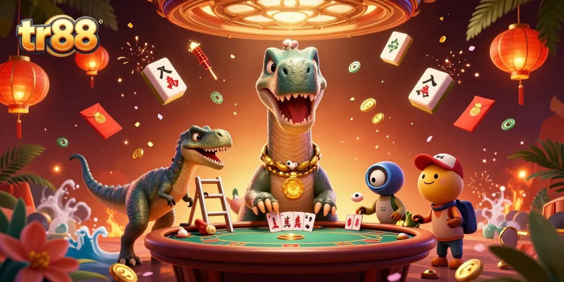 Experience thrilling gaming at TR88 with a dinosaur dealer and festive casino elements.