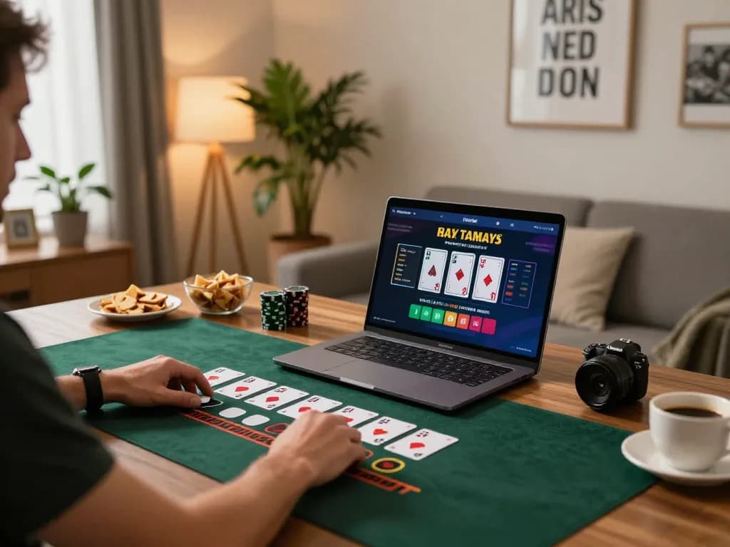 Player engaging in online blackjack at five88 gaming platform on laptop, cozy home atmosphere