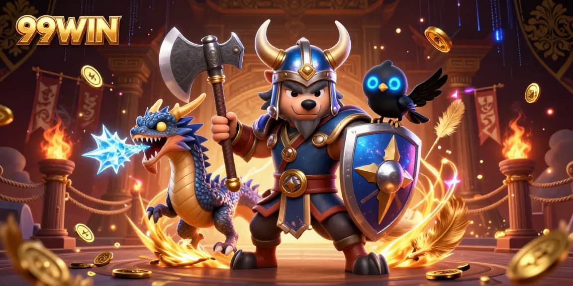 Experience thrilling games with 99WIN illustrated in a dynamic 3D scene featuring a Viking warrior, dragon, and raven.