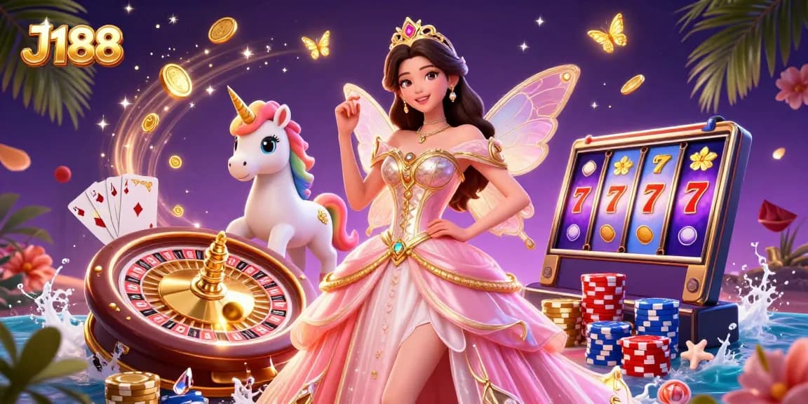 Experience gaming magic with J188’s vibrant casino scene showcasing dazzling elements and characters.