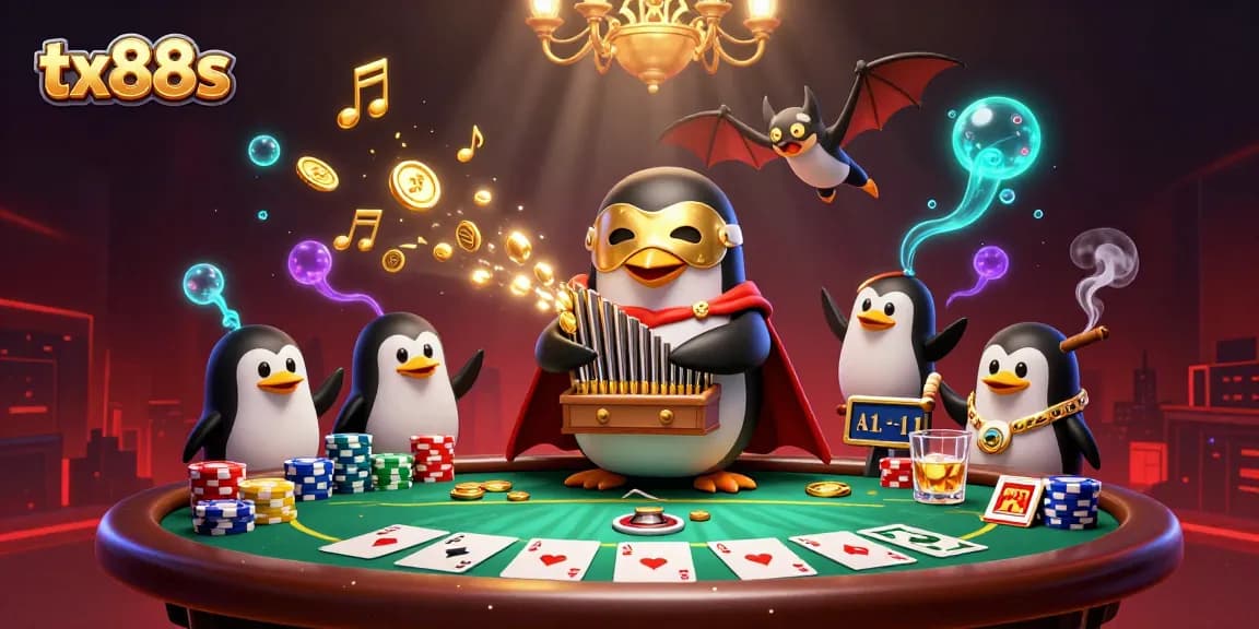 Experience gaming excitement with tx88s; a cartoon penguin plays the organ amidst poker chips and golden coins.