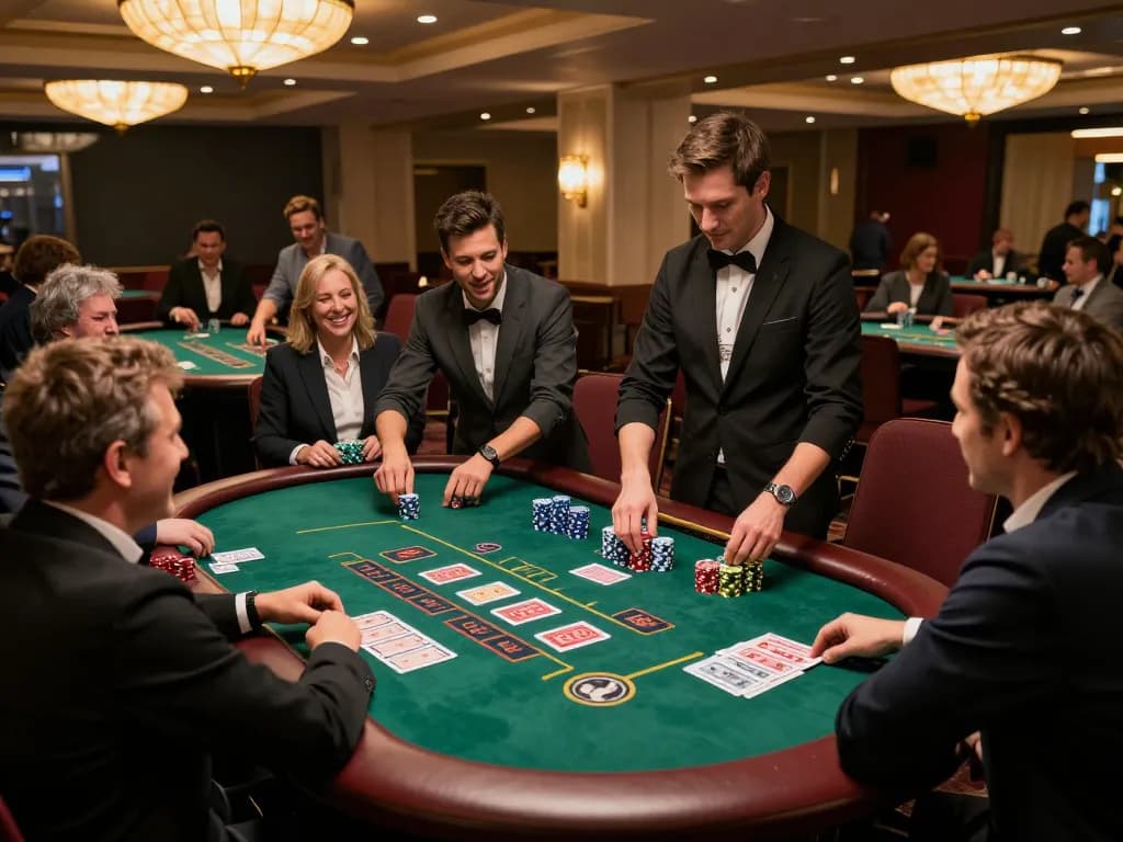 Players enjoying blackjack at a stylish casino, showcasing the engaging atmosphere of new88.