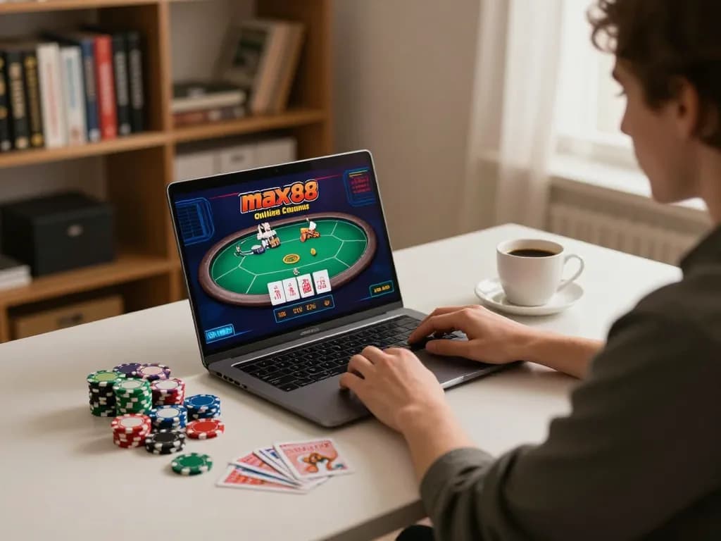 Player engaging in max88 online poker game on a laptop, emphasizing excitement and strategy