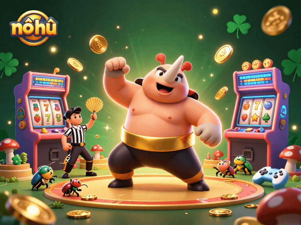 Nổ hũ thrills as a sumo beetle stomps to release coins amid a vibrant casino scene.