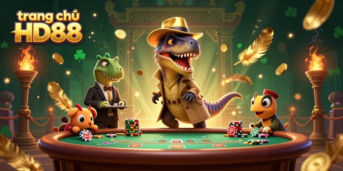 Play at trang chủ HD88 with an exciting scene of a velociraptor card counter amidst vibrant casino elements.