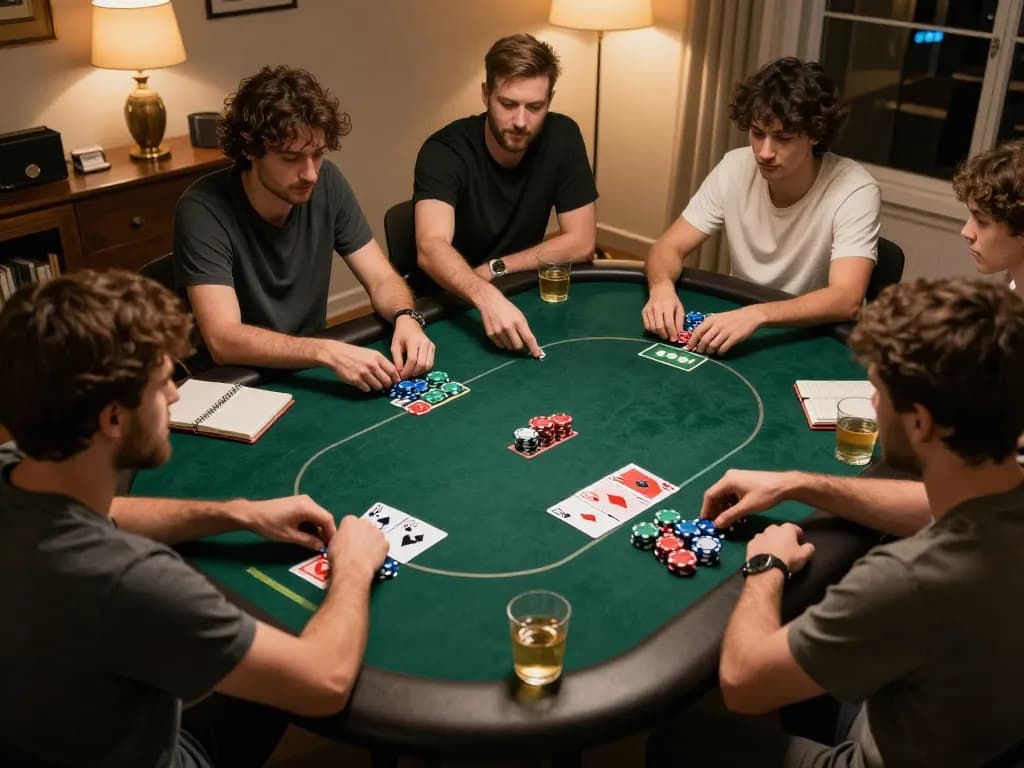 Players strategizing during an online poker game session on sunwin20 platform at home, showcasing excitement and focused gameplay
