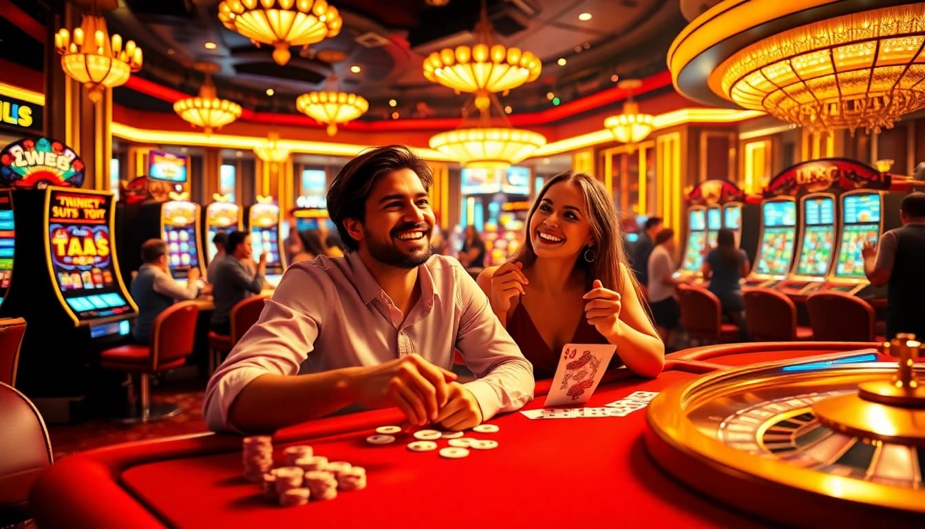 U888 players celebrating a big win at an exciting casino table with vibrant decor.