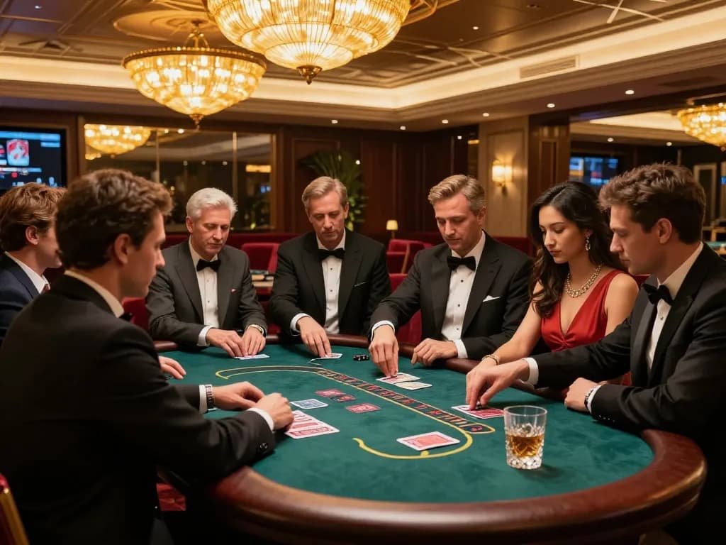 Players engage strategically in a high-stakes blackjack game at SHBET's luxurious VIP area, showcasing professional gambling atmosphere.