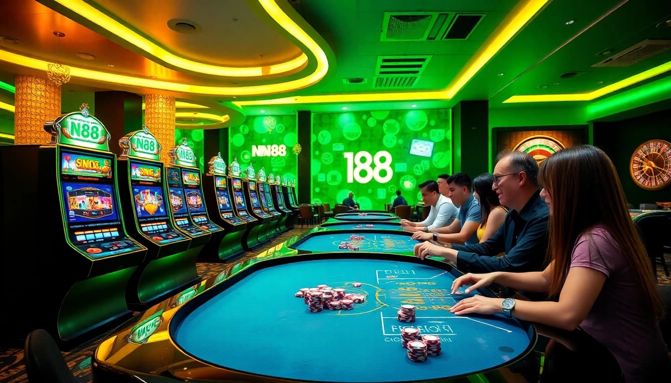 Engaging NN88 online gambling scene with vibrant tables, slots, and poker chips.