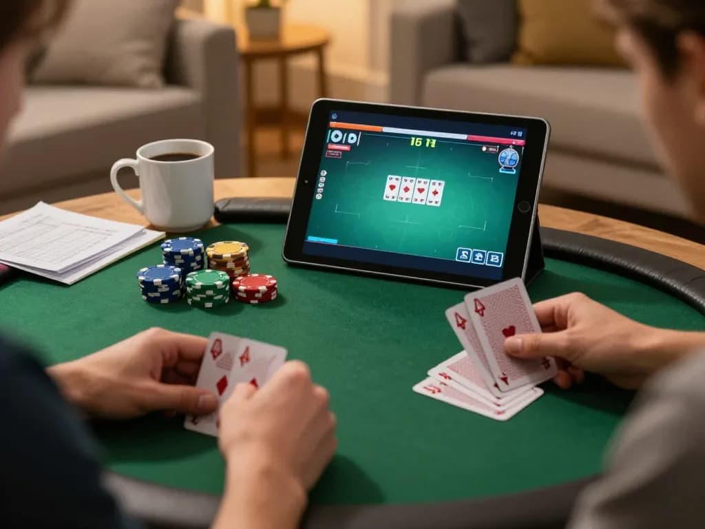 Player enjoying online poker on tablet at home, TG88 facilitating strategic gameplay.