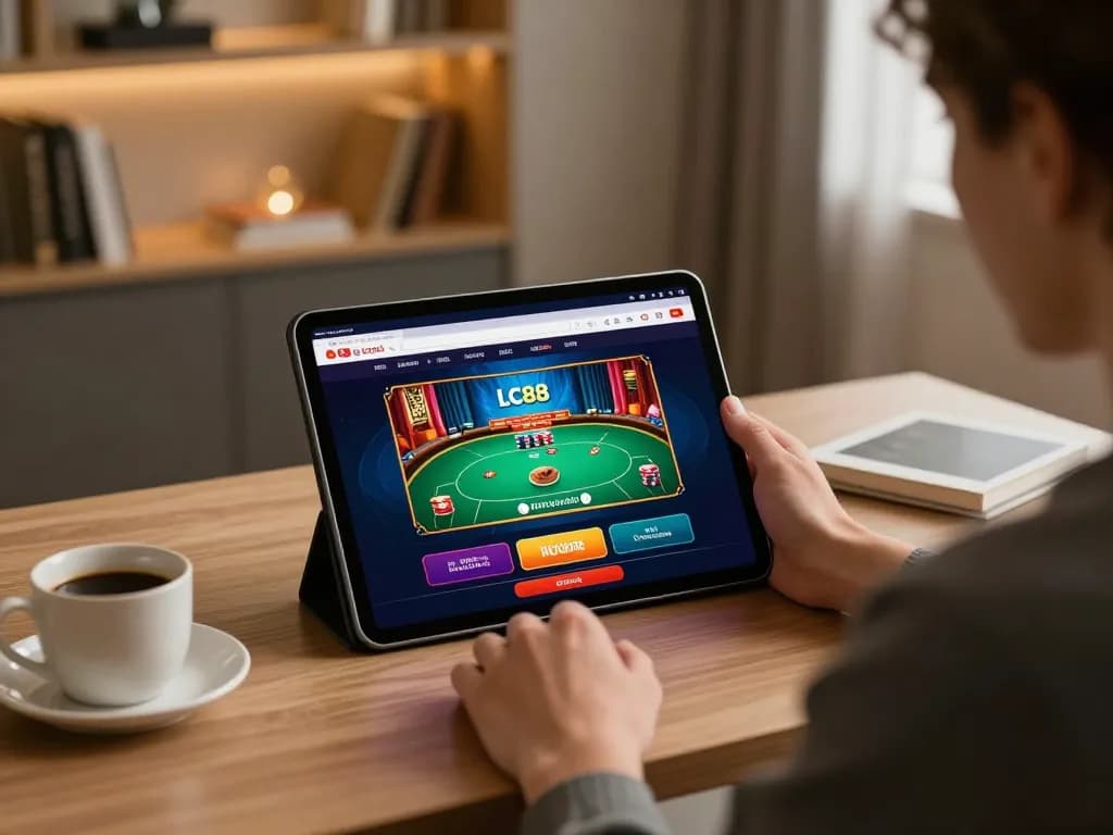 Engaging in LC88VIP online poker gameplay, illuminated desk setup enhancing strategic gambling experience.