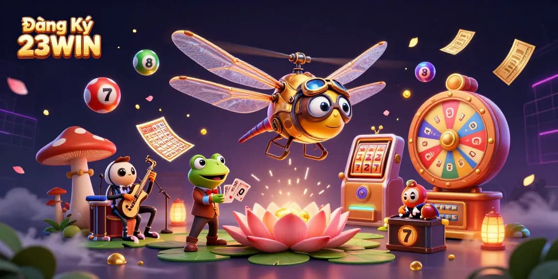 Experience exciting gameplay with Đăng Ký 23WIN showcasing vibrant casino elements and fun characters.