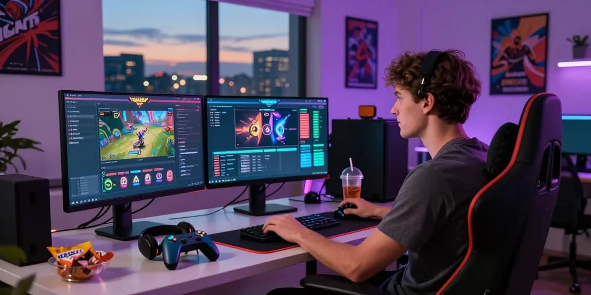 Engaging player enjoying new online slot sites at home, dynamic gaming setup with vibrant atmosphere