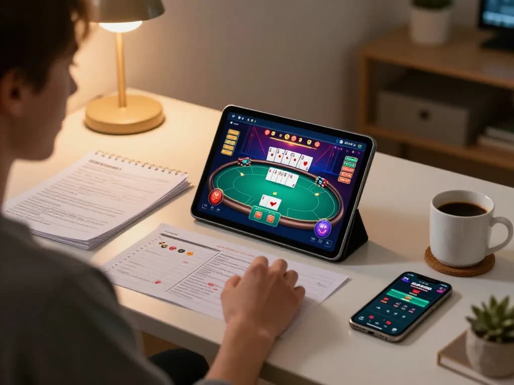 Engaging in focused online poker gameplay at home with Go8 app open on tablet, showcasing strategy notes.