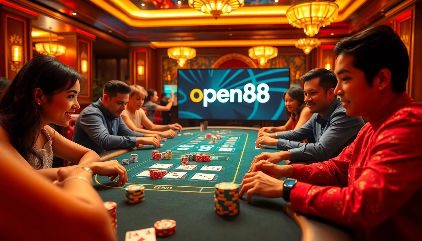 Exciting casino action at open88 featuring poker chips, tables, and vibrant players engaged in competitive gaming.
