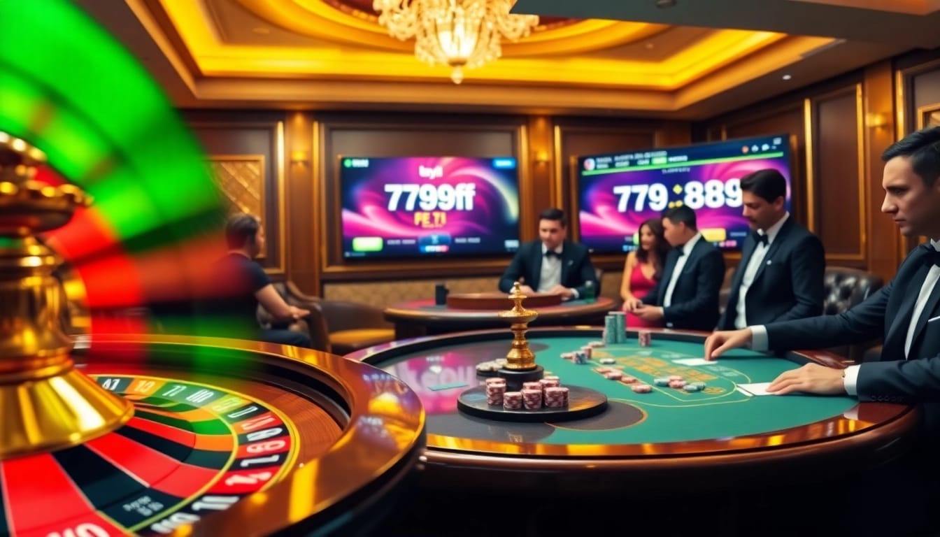 Players enjoying an exciting casino experience while engaging with 789f.fyi, featuring roulette and poker tables.