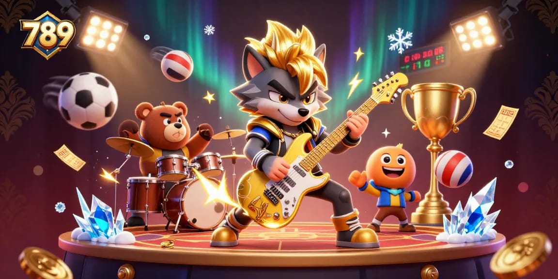 Experience exciting gaming at 789 with a rock star wolf and lively bear on stage.