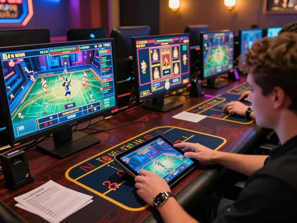 Engaged player strategizing bets on tr88 tablet in lively online gaming setup.