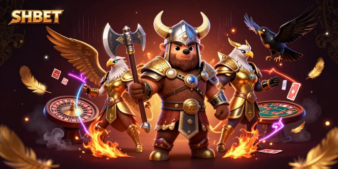 Engage with SHBET in this vibrant casino scene featuring a Viking, Valkyrie, and gameplay elements.