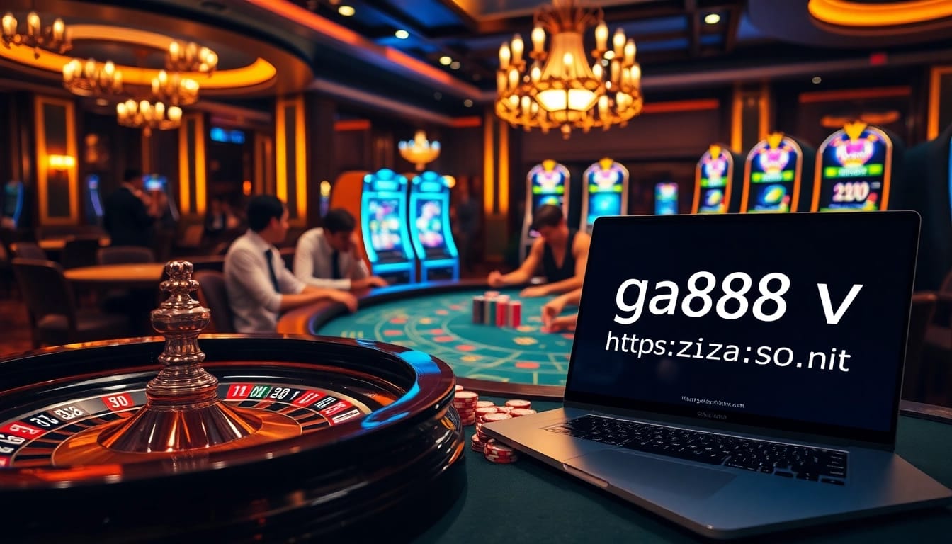 Players engaging at a vibrant casino scene highlighting https://ga888v.net/ with poker chips and roulette.