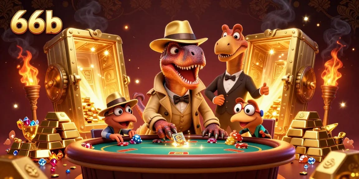 Engage with the vibrant 66b poker scene featuring animated characters, thrilling chip action, and golden treasures.