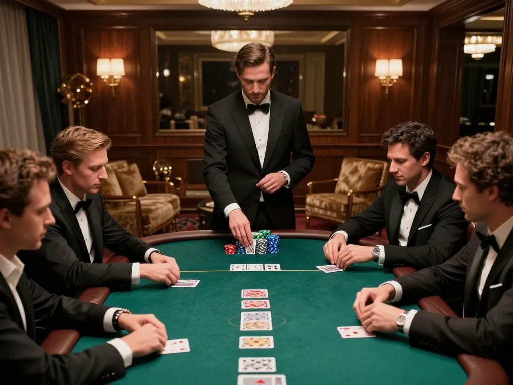 Engaged players at a luxury poker table on trang chủ KONG88 showcasing intense strategies and gameplay.