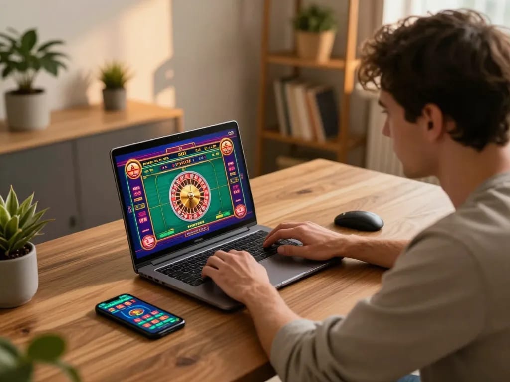 Engaging online gambling experience at lu88 with player immersed in roulette game on laptop.