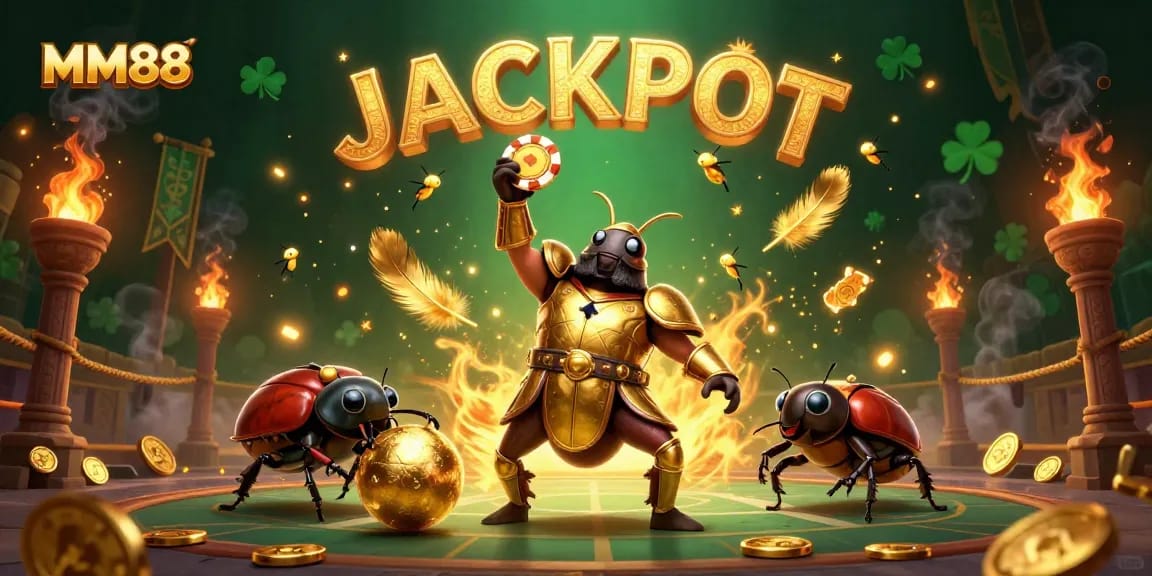 MM88 celebrates victory with a herculean beetle lifting a poker chip amid a jackpot scene.