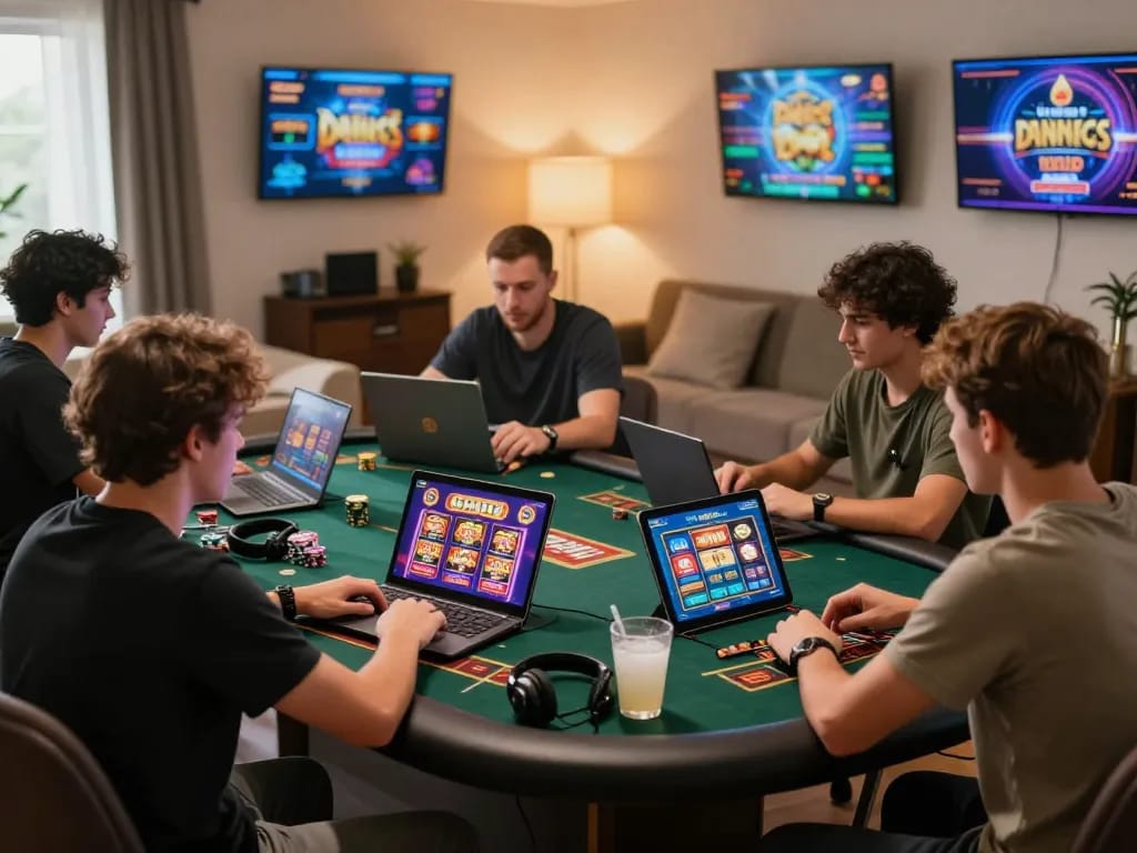 Players engaging with online casino games, showcasing MM88 excitement in a cozy home setting