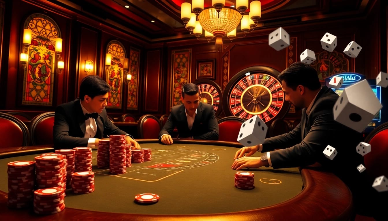 Engaging poker players enjoying a game at https://hm88.blue/, surrounded by colorful chips and roulette wheels.