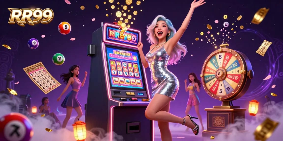 Experience RR99's vibrant casino excitement with a celebratory scene filled with jackpots and dynamic game elements.