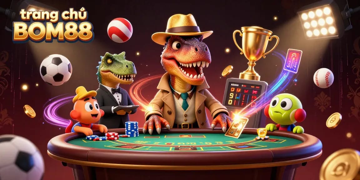Engage with exciting games on trang chủ BOM88 with a lively scene of gambling characters and dynamic elements.