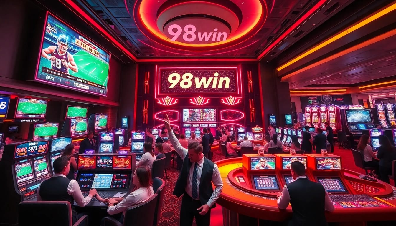 Exciting casino atmosphere at 98win casino with players enjoying games and live sports betting.