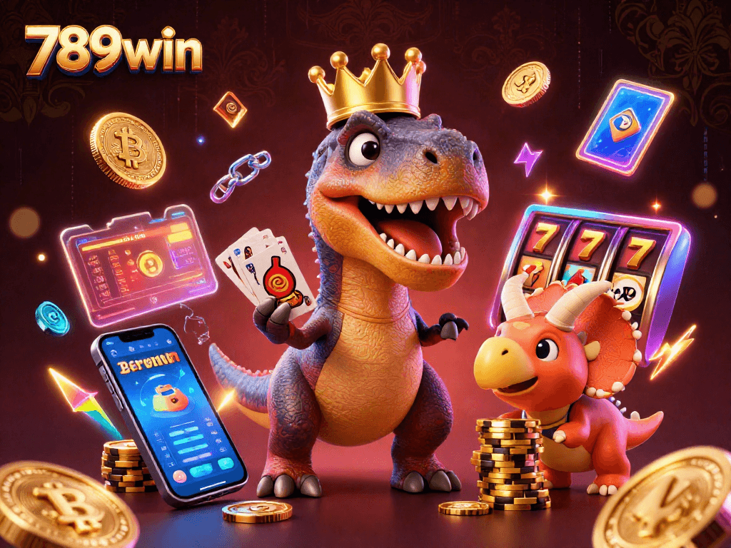 Join the fun at 789win as the T-Rex shuffles cards and wins big in this vibrant casino scene.