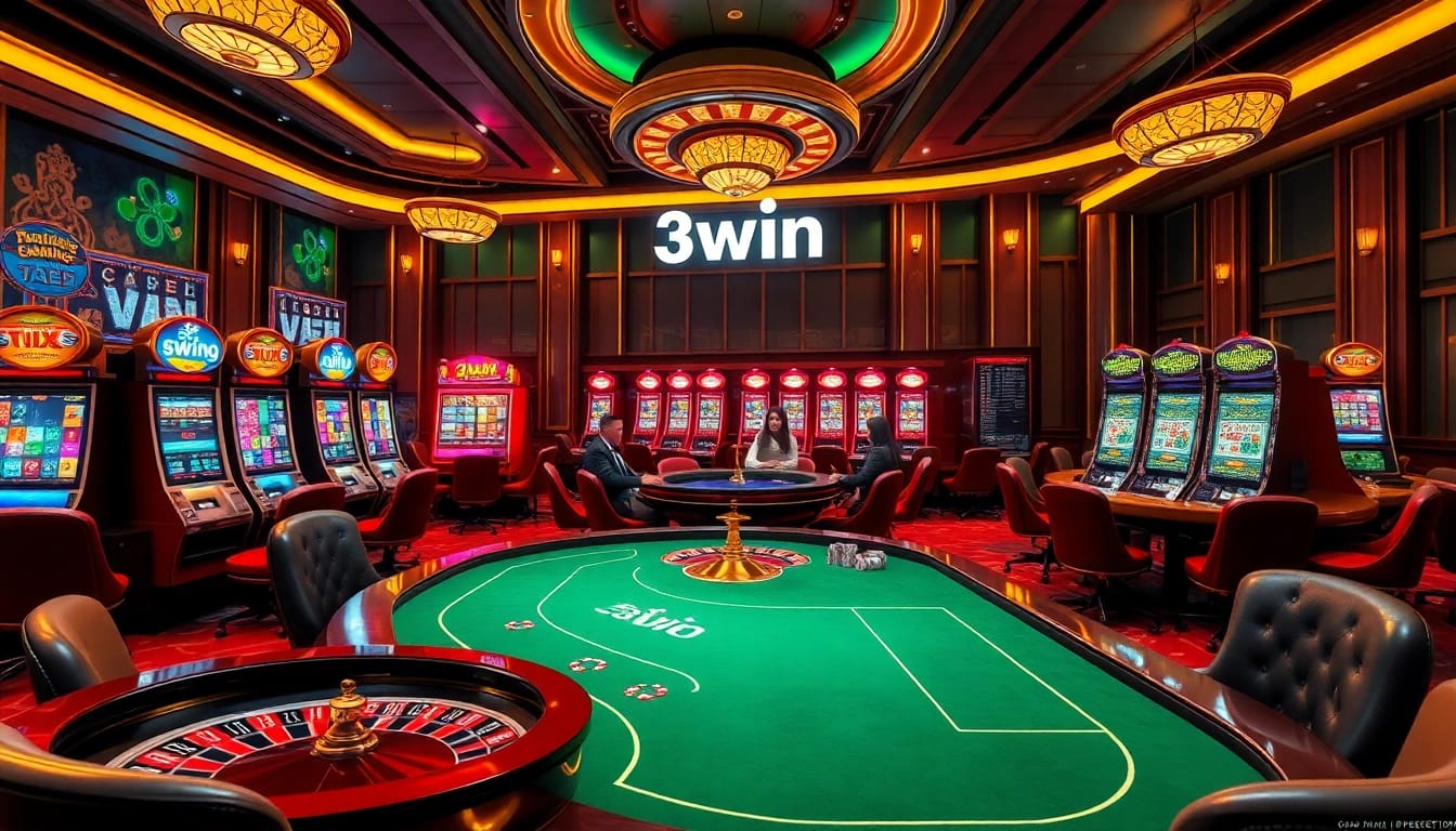 Experience 3win's thrilling casino ambiance with players and vibrant slot machines.
