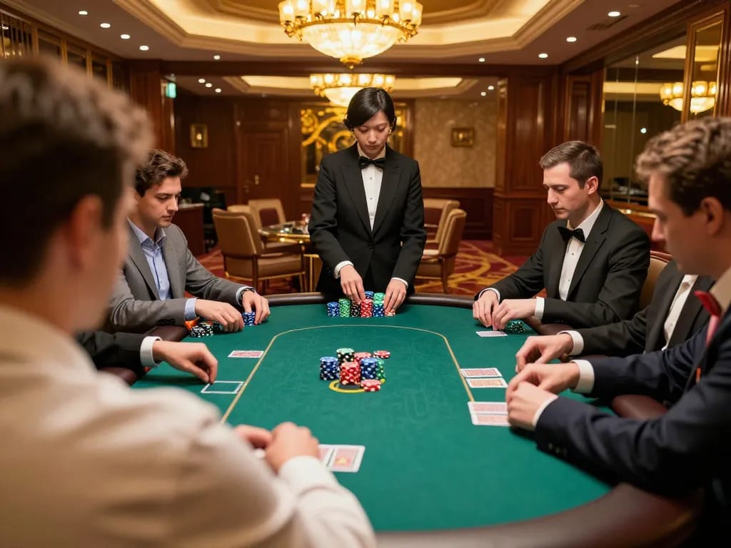 Players strategizing during an intense vb88 poker game in a luxury casino