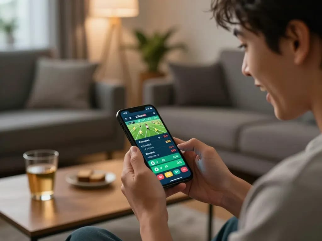 Win88 user placing live sports bets on mobile app in a cozy living room atmosphere.