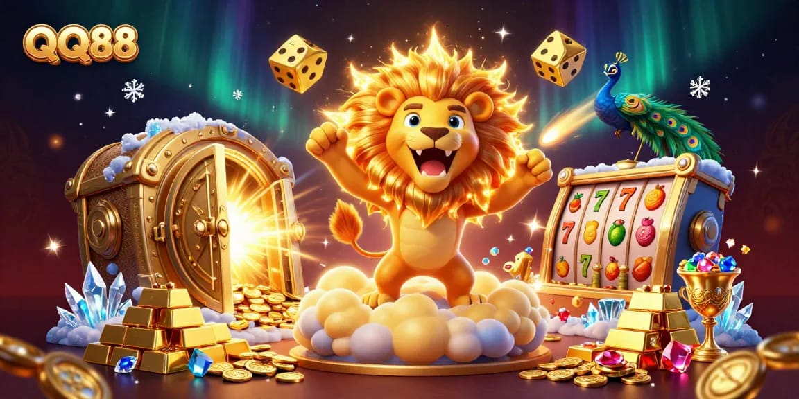 Experience the thrill of QQ88 with a vibrant 3D illustration featuring golden treasures and playful characters.