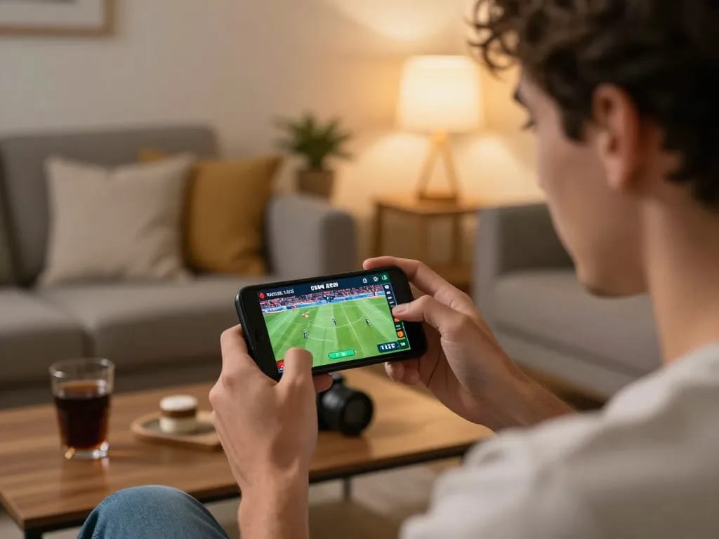 Tỷ Lệ Bóng Đá displayed on smartphone during thrilling sports betting analysis at home