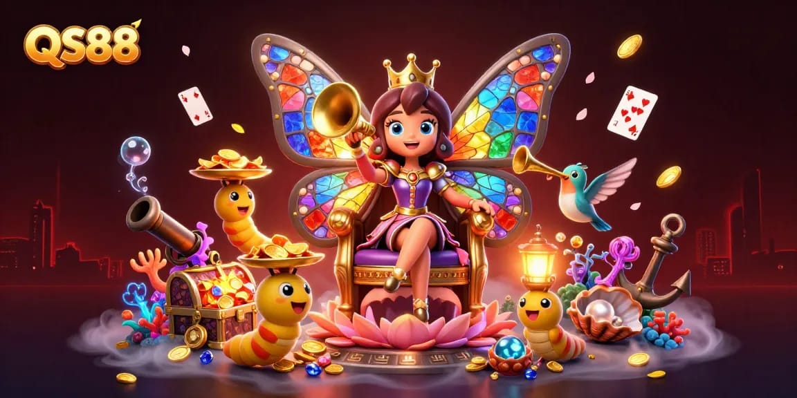 Experience the thrilling world of QS88 online casino with a vibrant 3D illustration showcasing a shimmering butterfly queen and game elements.