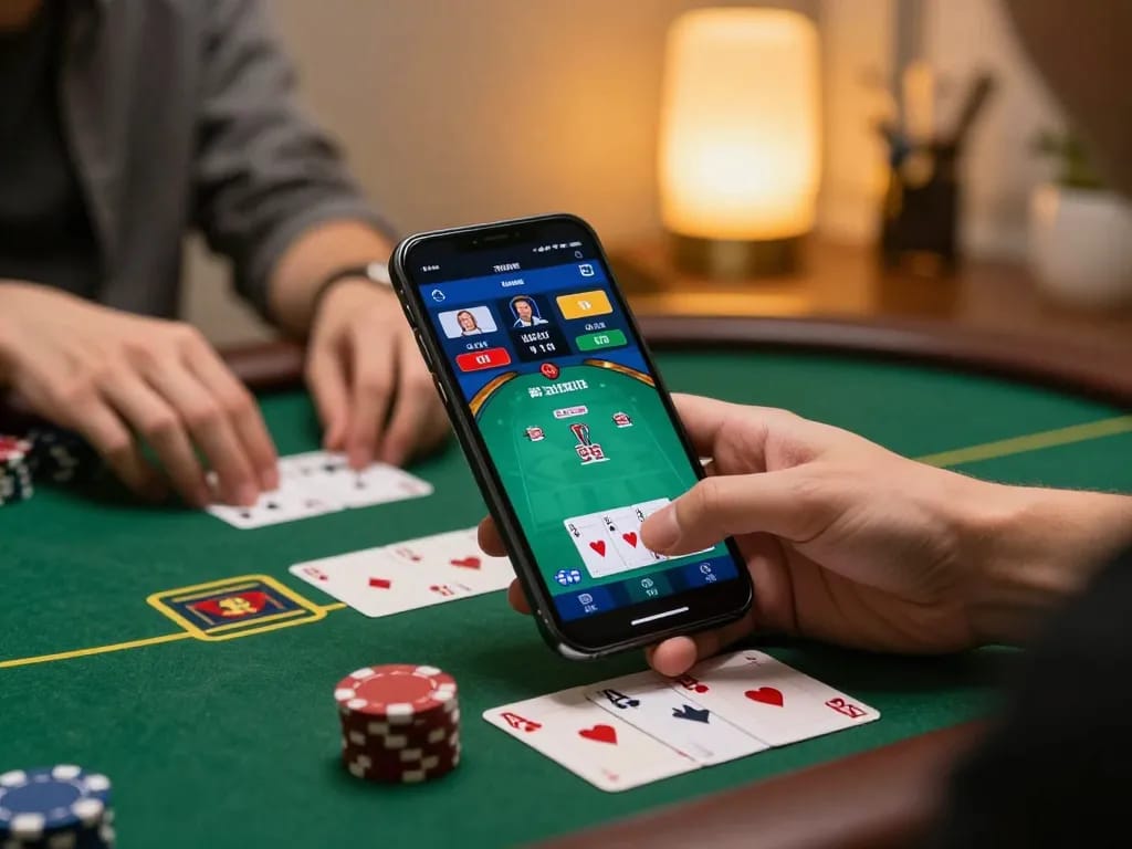 Cổng game Say88 showcasing a mobile poker game with focused player and strategy