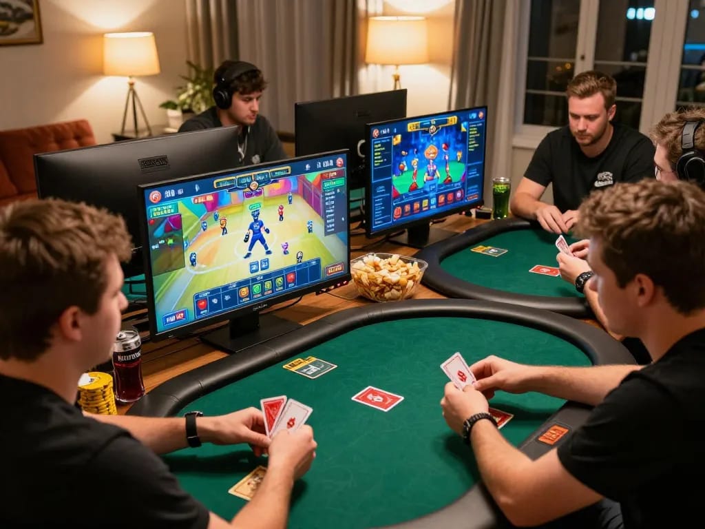 Players engaged in game bài đổi thưởng at home using multiple screens, showcasing online poker excitement.