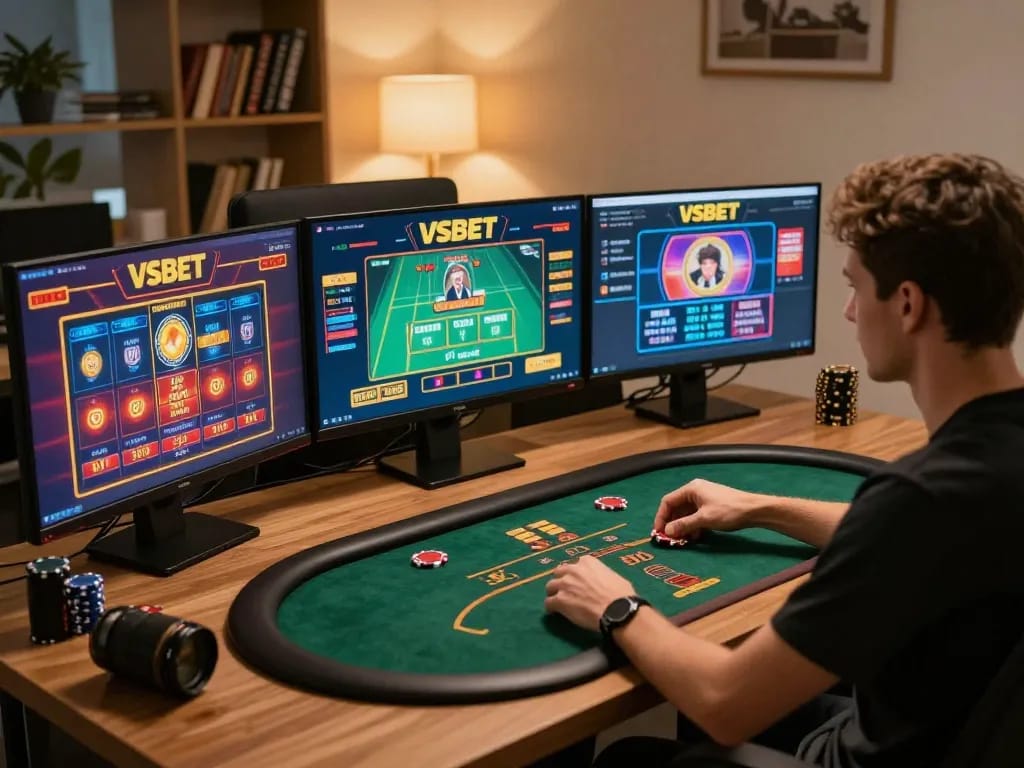 Player exploring VSBET online casino games during an exciting home gaming session.