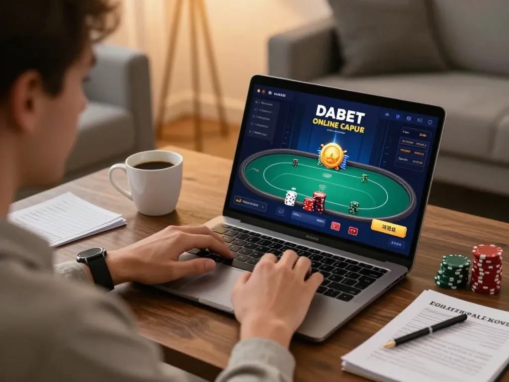 DABET online casino gaming scene with user engaged in strategic poker gameplay on a laptop at home.