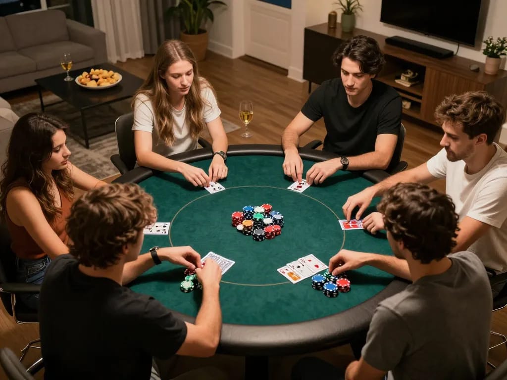 Engagement at a home poker game featuring 98win com players strategizing over colorful chips.